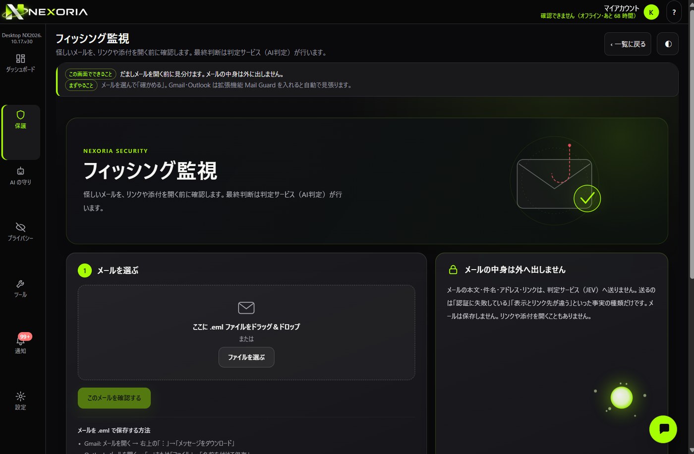 フィッシング監視の画面。メールの .eml を渡して開く前に確かめます。本文・件名・アドレスは外へ送らず、判定サービスには「事実の種類」だけを渡します。